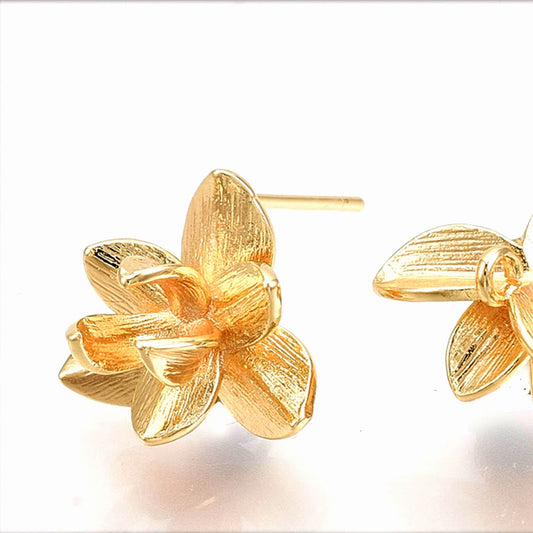Flower Brass Stud Earring Findings, Real 18K Gold Plated (Sold in pair)