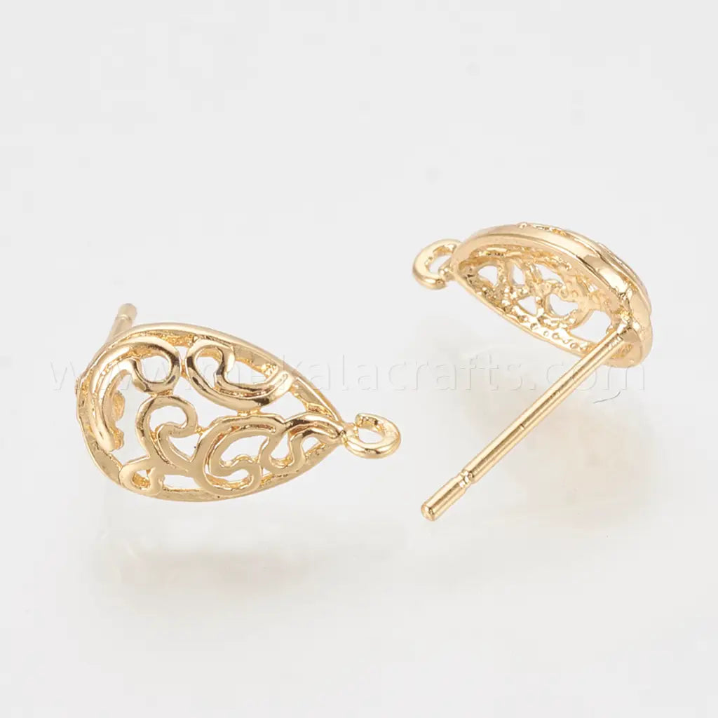 Brass Ear Stud Findings, with Loop, Teardrop, Nickel Free, Real 18K Gold Plated