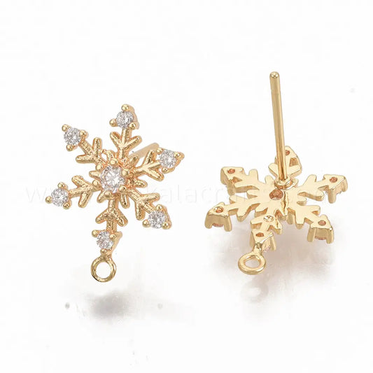 Christmas Theme, Brass Cubic Zirconia Stud Earring Findings, with Loop, Snowflake, Nickel Free, Real 18K Gold Plated