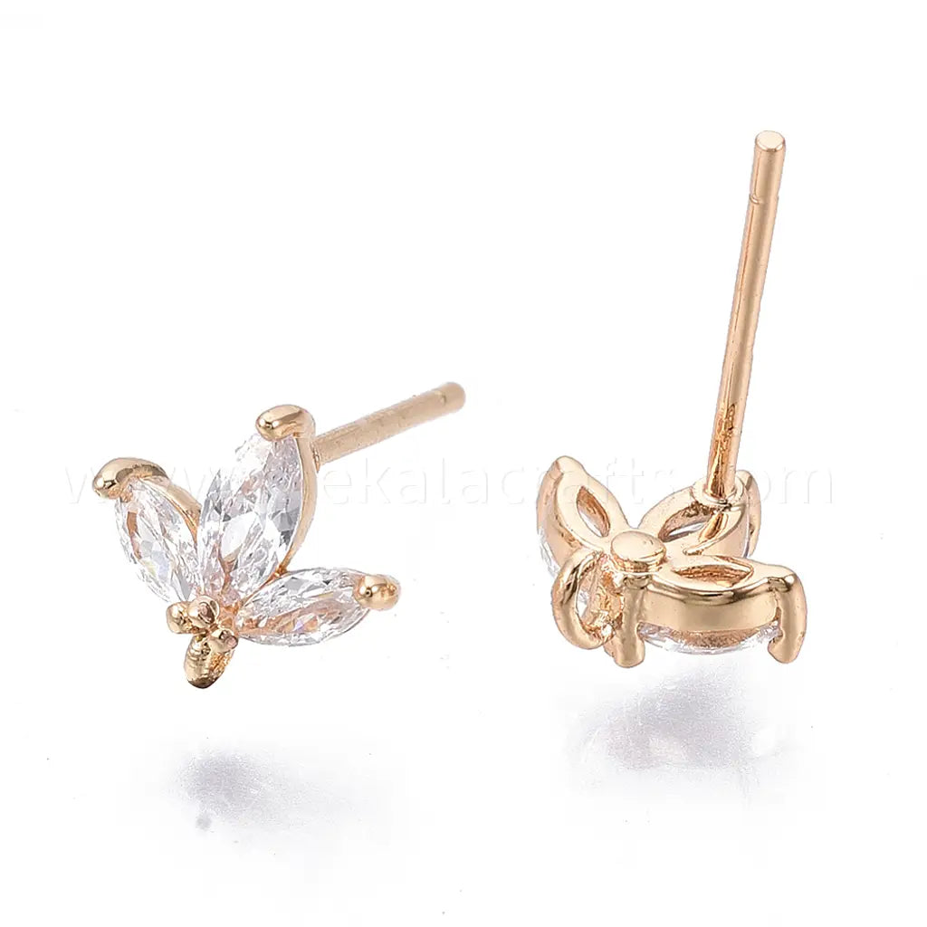 Brass Micro Cubic Zirconia Stud Earring Findings, with Loop, Real 18K Gold Plated, Nickel Free, Flower, Clear