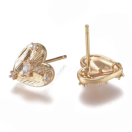 Brass Micro Pave Clear Cubic Zirconia Stud Earring Findings, with Loop, Heart, Real 18K Gold Plate