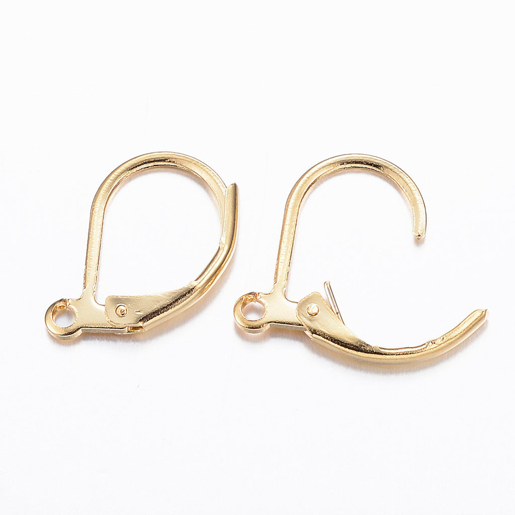 316L Surgical Stainless Steel Leverback Earring Findings, with Loops, Real 18K Gold Plated, 15x10x2mm, Hole: 1.4mm | Sold in Pairs