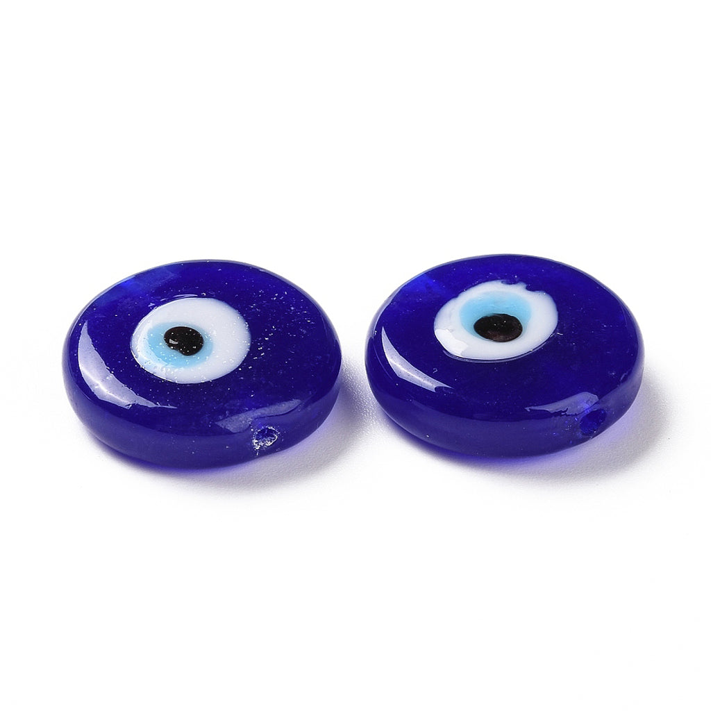 Handmade Evil Eye Lampwork Beads, Flat Round, Blue, 17~17.5x4mm, Hole: 1.2mm | Pack of 1