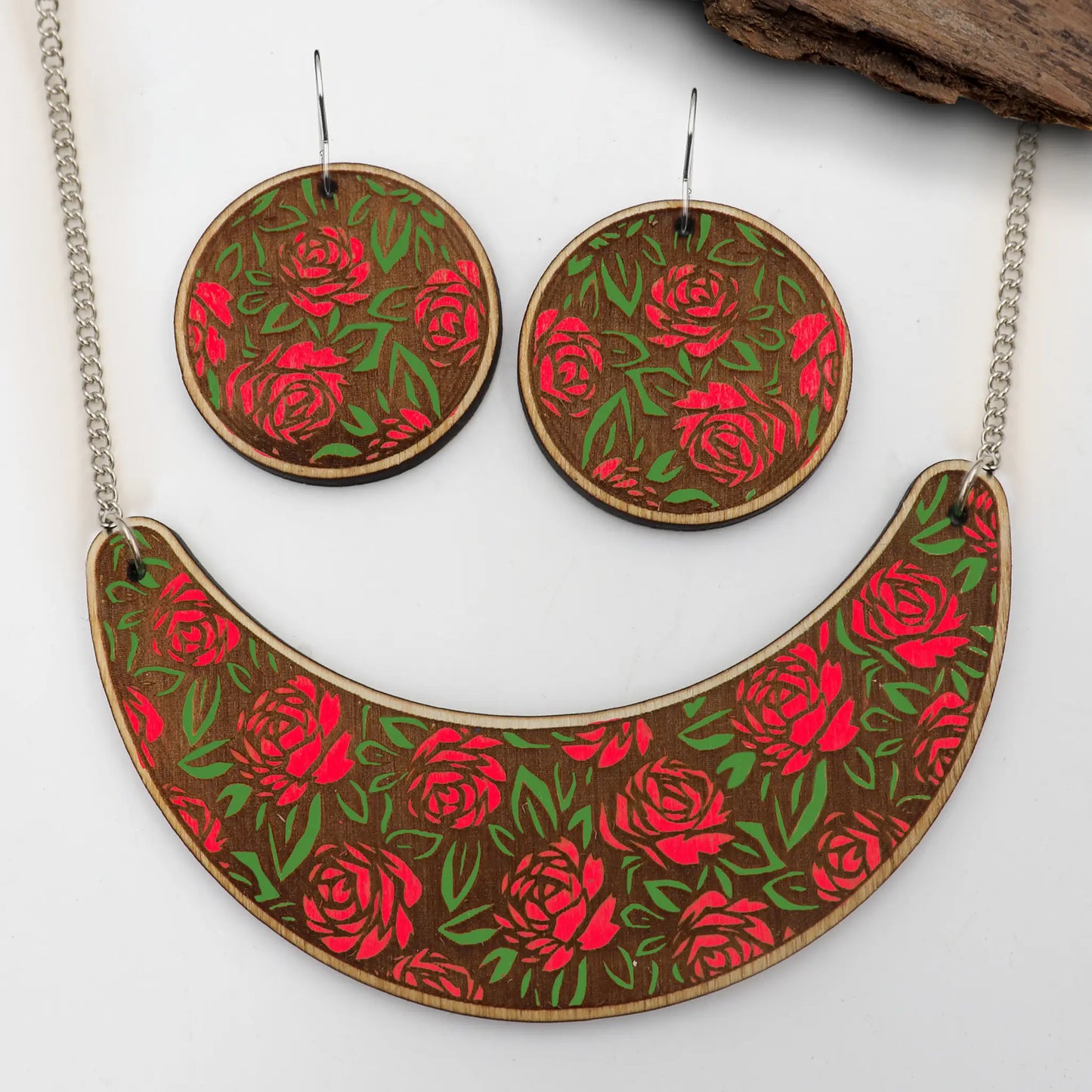 wood floral earrings and necklace laser cut files wood acrylic and leather in svg pdf and dxf