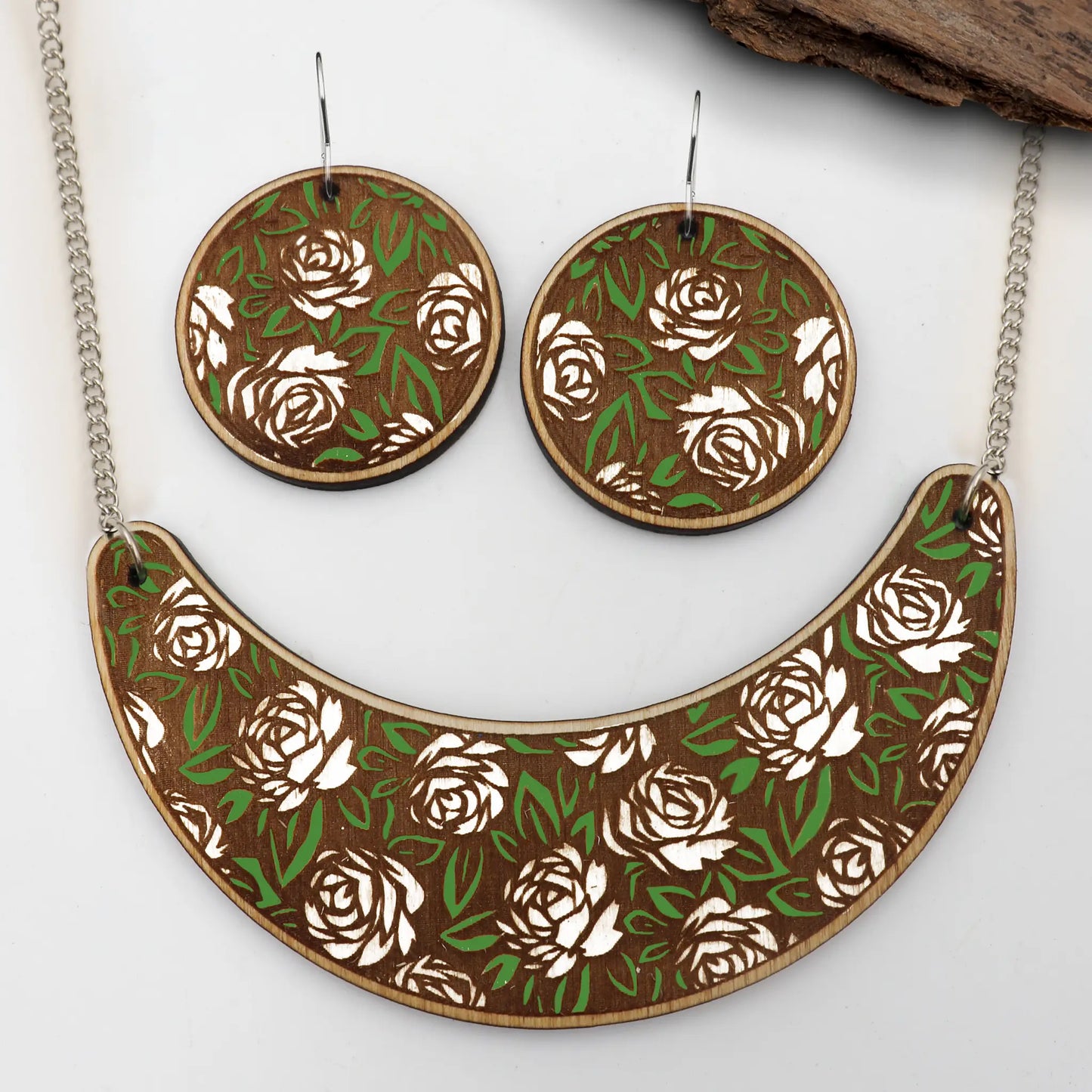 wood floral earrings and necklace laser cut files wood acrylic and leather in svg pdf and dxf