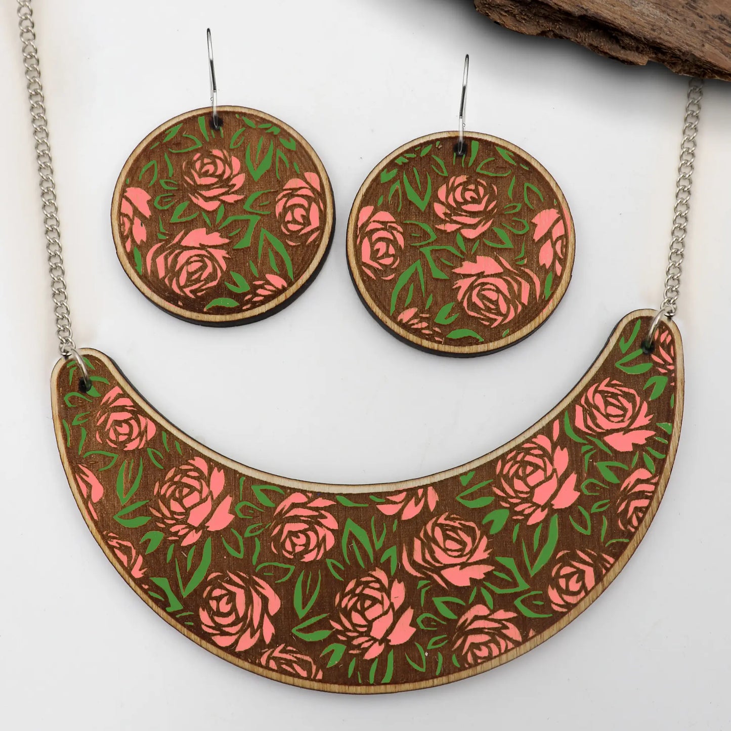 wood floral earrings and necklace laser cut files wood acrylic and leather in svg pdf and dxf