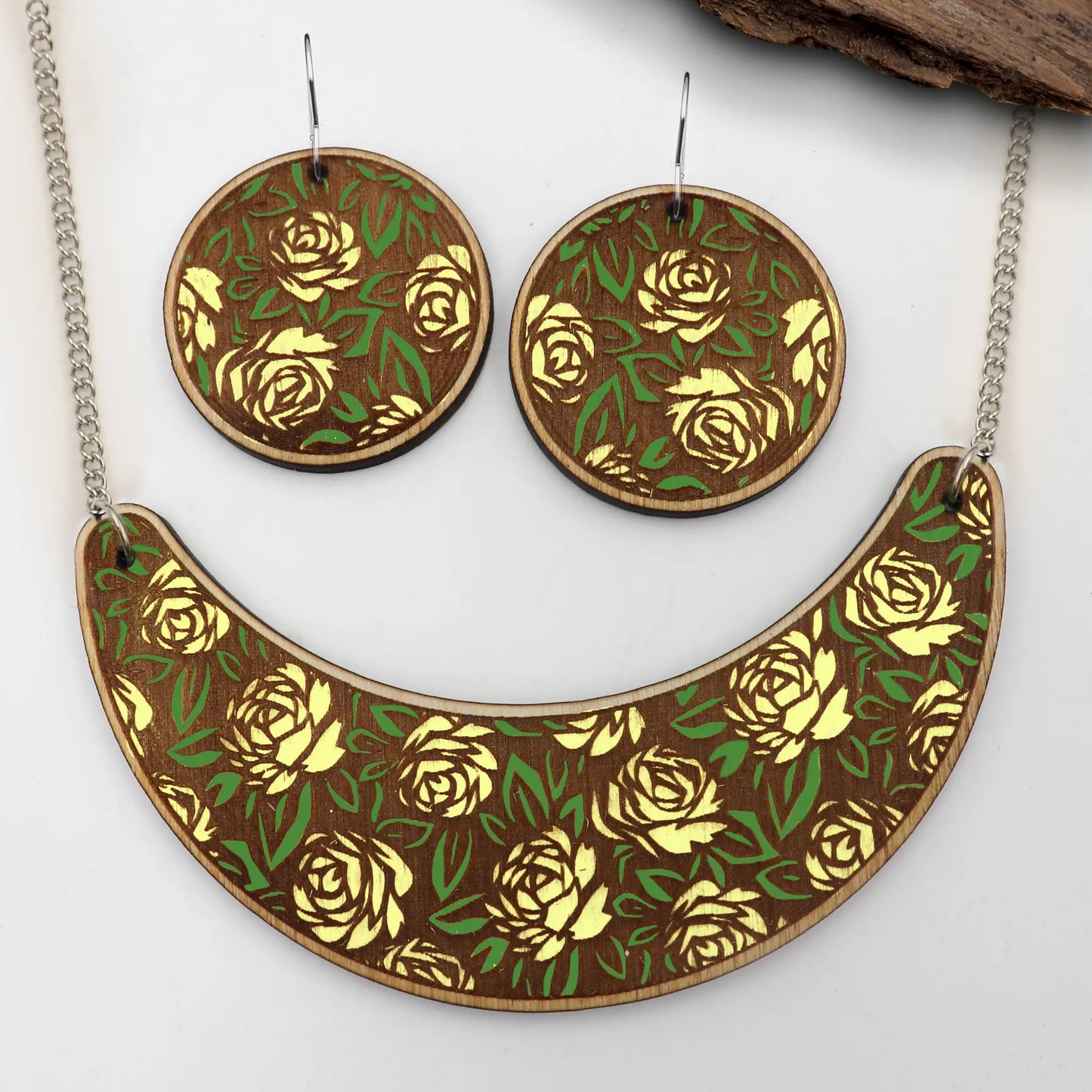 wood floral earrings and necklace laser cut files wood acrylic and leather in svg pdf and dxf