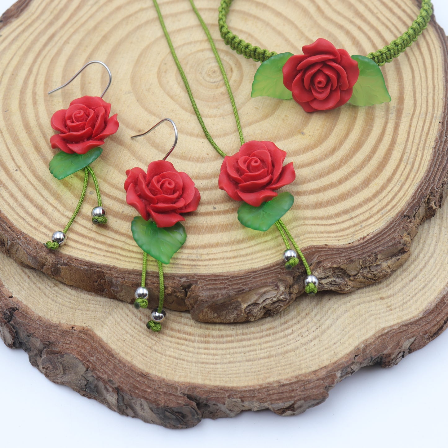 Handmade Red Rose Jewelry Set – Earrings, Bracelet & Necklace with Green Leaf Accents