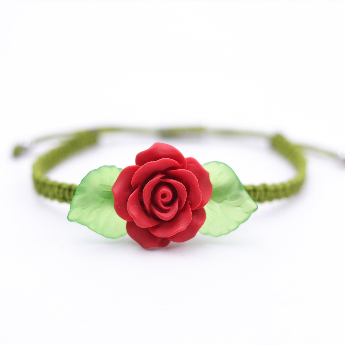 Handmade Red Rose Jewelry Set – Earrings, Bracelet & Necklace with Green Leaf Accents