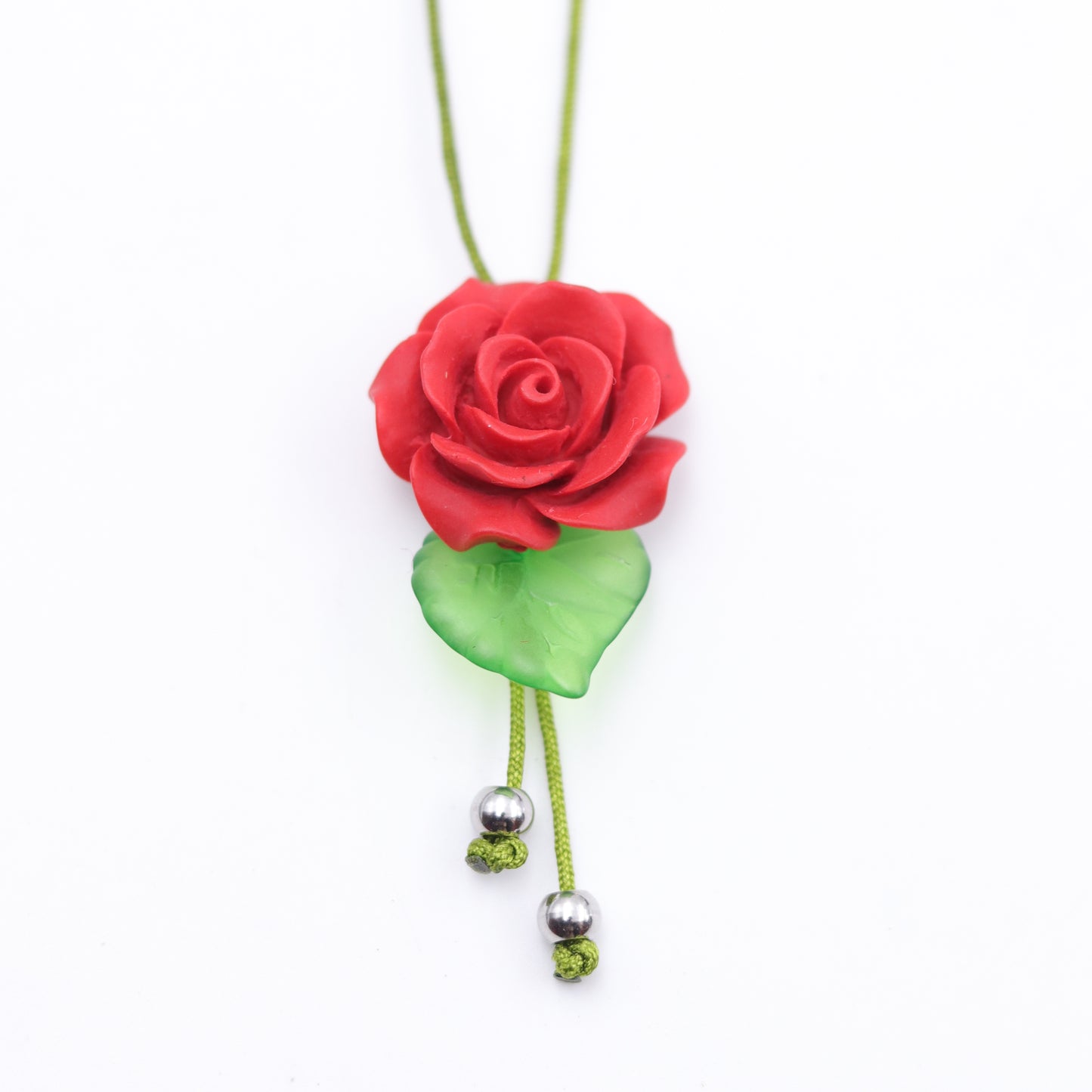 Handmade Red Rose Jewelry Set – Earrings, Bracelet & Necklace with Green Leaf Accents