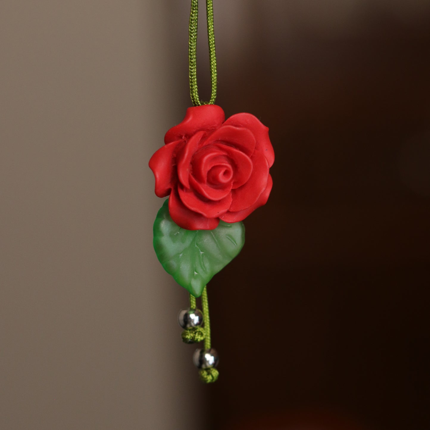 Handmade Red Rose Jewelry Set – Earrings, Bracelet & Necklace with Green Leaf Accents