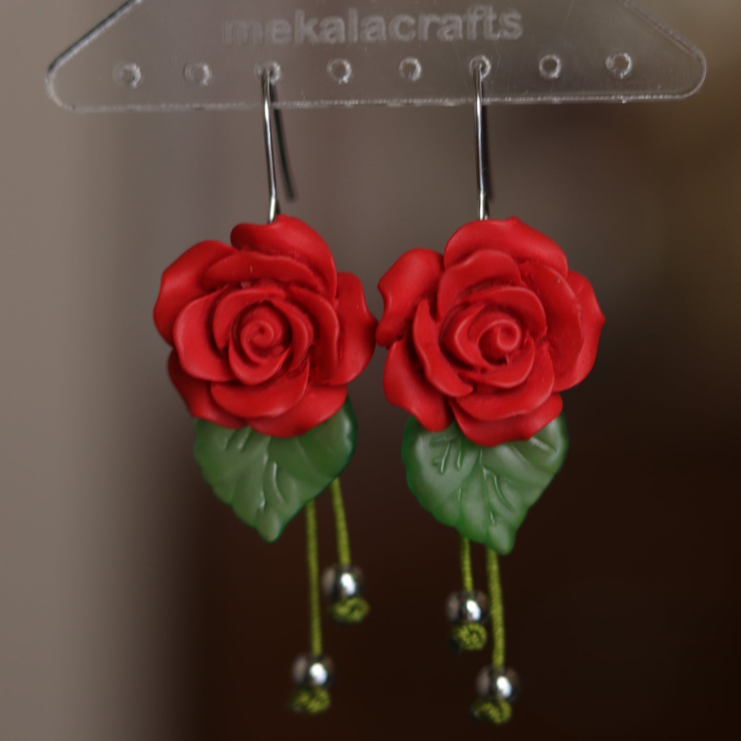 Handmade Red Rose Jewelry Set – Earrings, Bracelet & Necklace with Green Leaf Accents