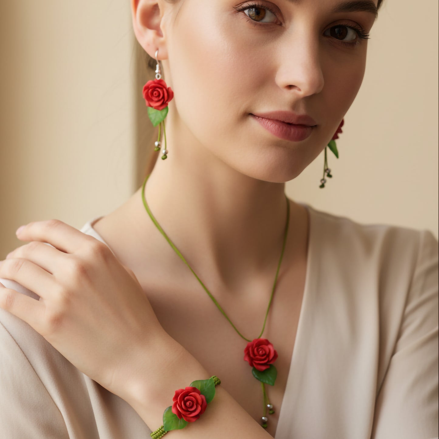 Handmade Red Rose Jewelry Set – Earrings, Bracelet & Necklace with Green Leaf Accents