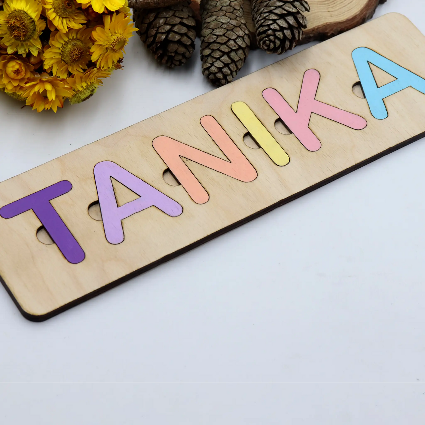 Baby Name Puzzle,Montessori Wooden Puzzle, First Birthday Gift, Personalized Wooden Name Puzzle with Pegs, Baby Shower Gift