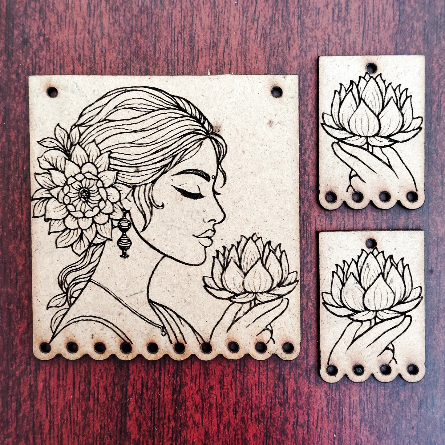 Women face with lotus MDF cutout | pre marked wooden shapes for diy crafts | diy jewellery kit (Pack of 1 set)