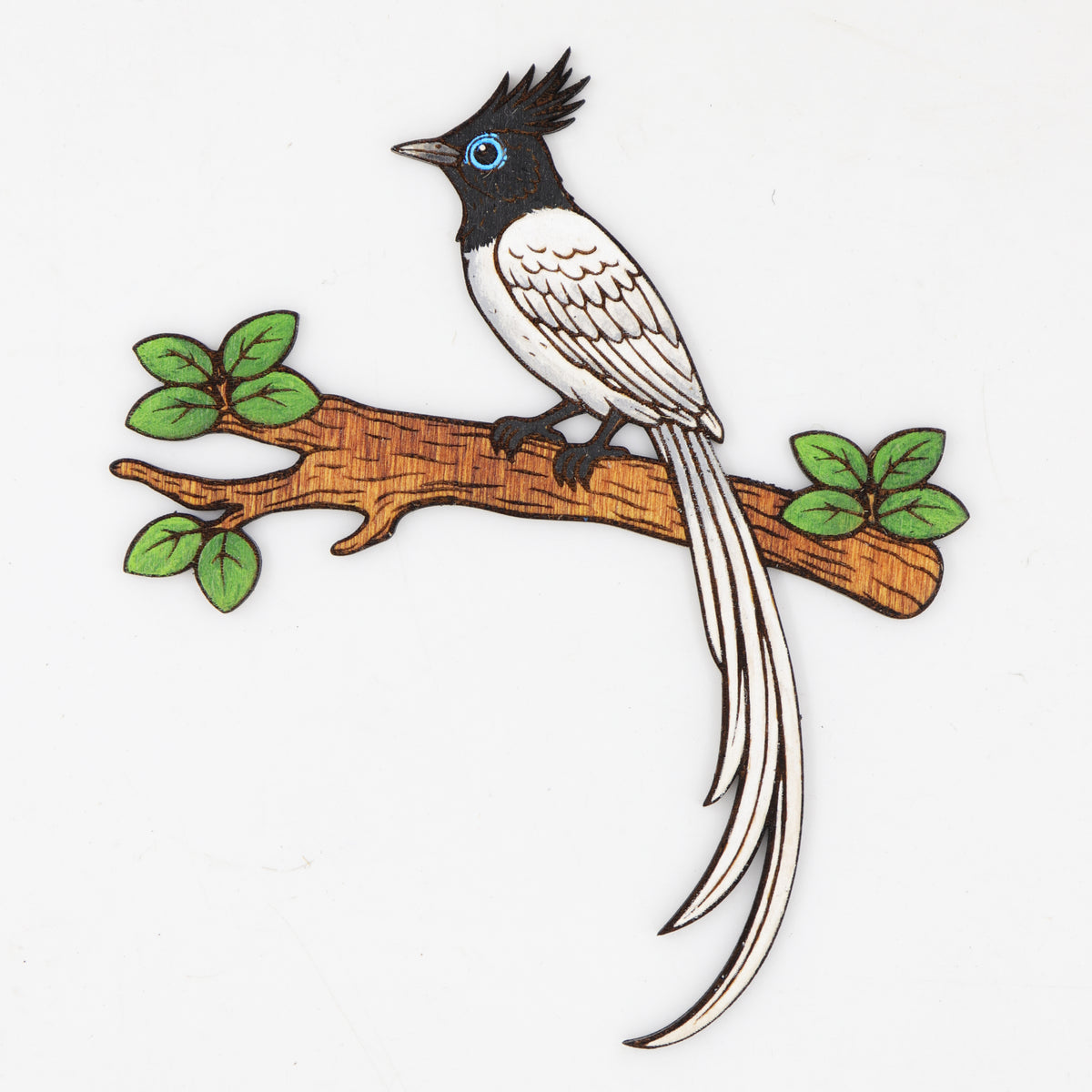 Hand-painted white morph bird wooden fridge magnet with leafy tree branch
