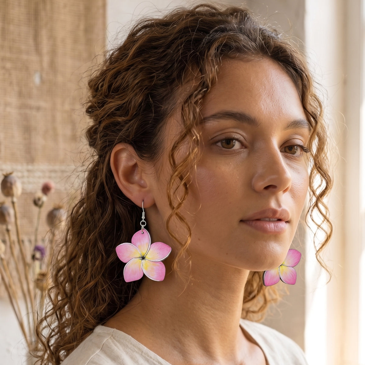 Woman wearing pink plumeria flower wooden dangle earrings, handmade jewelry by Mekala Crafts