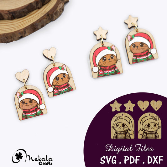 christmas laser cut earring file | cat santa earrings | svg pdf and dxf | lightburn compatible