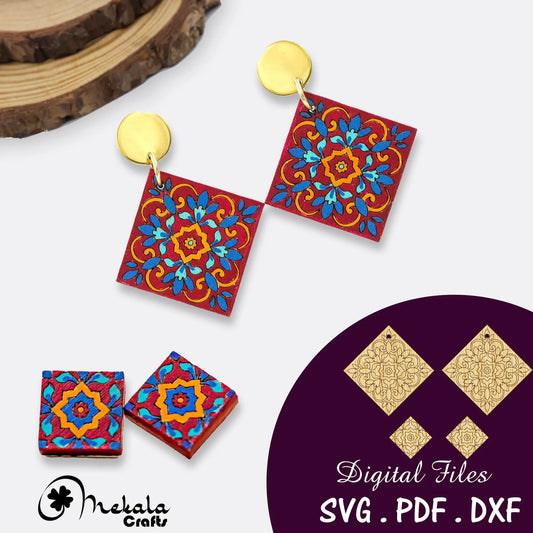 tile laser cut earrings cut svg files | spanish tile earring | mexican tile earring | wooden earrings | available in svg pdf and dxf formats