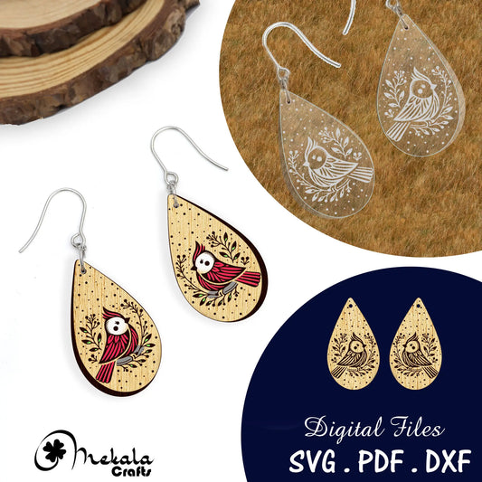 cardinal bird svg earrings wood acrylic leather laser files in svg pdf and dxf format