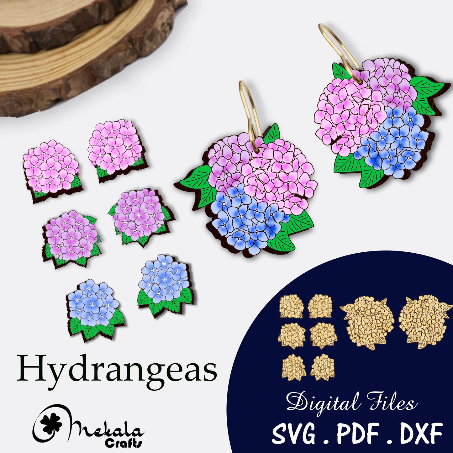 hydrangea stud and dangler laser earring file | svg bundle | compatible with lightburn | 4 earring designs