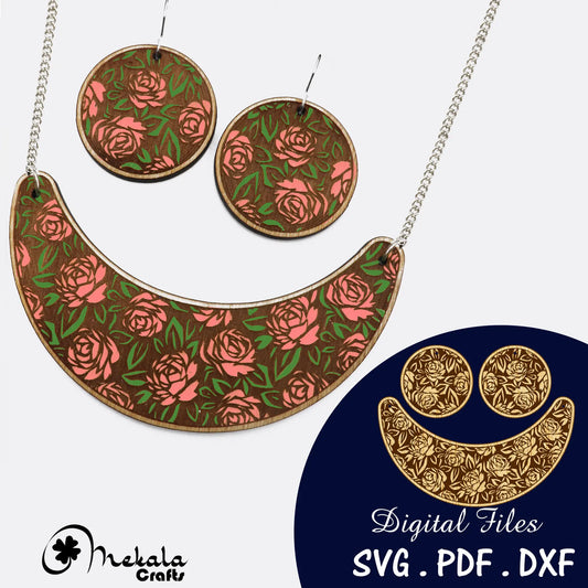 wood floral earrings and necklace laser cut files wood acrylic and leather in svg pdf and dxf