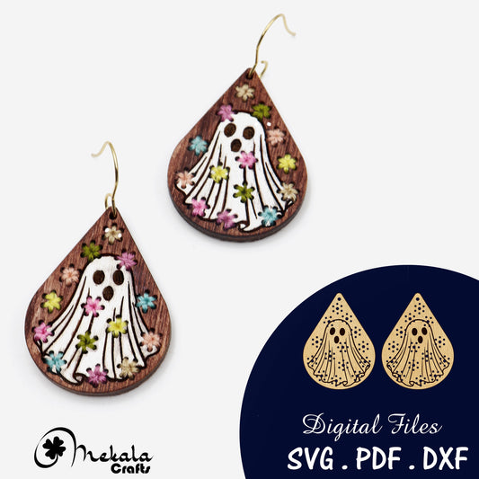 ghost embroidery earring files, wood laser cut earring files, Halloween stitch file, earring cut files for glowforge and other lasers