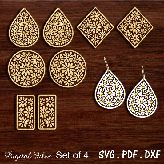 floral laser cut earring file, svg bundle, daisy earrings cut file, laser file, glowforge earring file