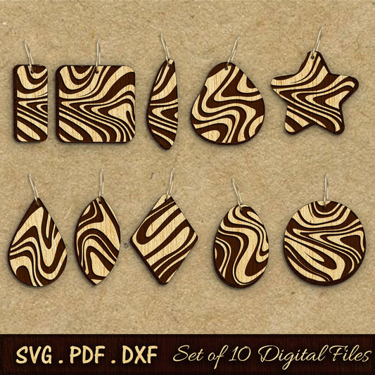 marble waves laser cut earring file, wave pattern earrings, wood earrings, laser earring files, glowforge svg