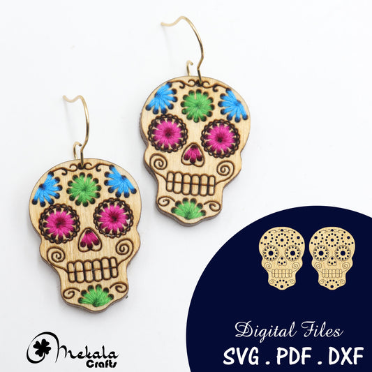 Sugar Skull embroidery earring laser cut file | wood acrylic leather | svg pdf and dxf