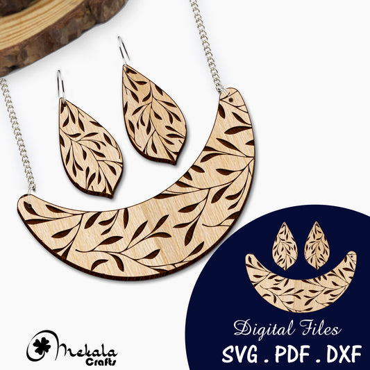 Laser Engraved Wooden Jewelry Set – Leaf Pattern Necklace & Earrings, Natural Wood Statement Jewelry, Eco Friendly Gift - Laser cut files