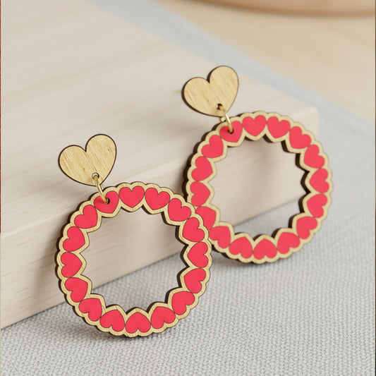 Hand-Painted Wooden Heart Hoop Earrings | Laser Cut Statement Jewelry | Lightweight Valentine Earrings