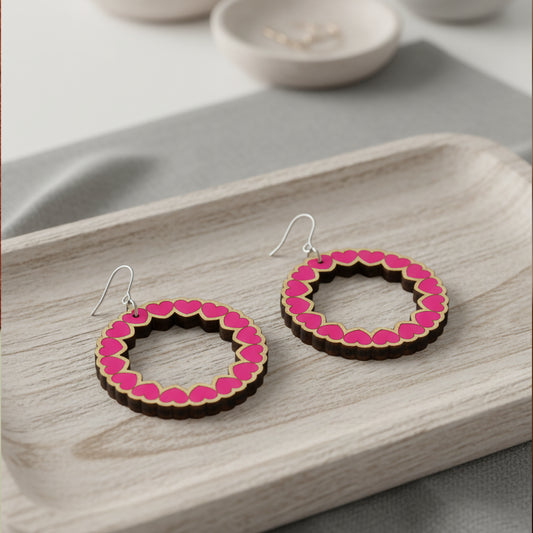 Hand-Painted Wooden Heart Hoop Earrings | Laser Cut Jewelry | valentine earrings