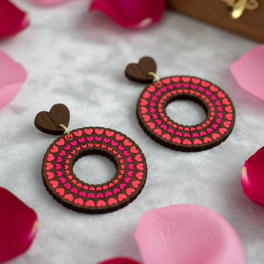 Hand-Painted Wooden Heart Circle Earrings | Gift for Her