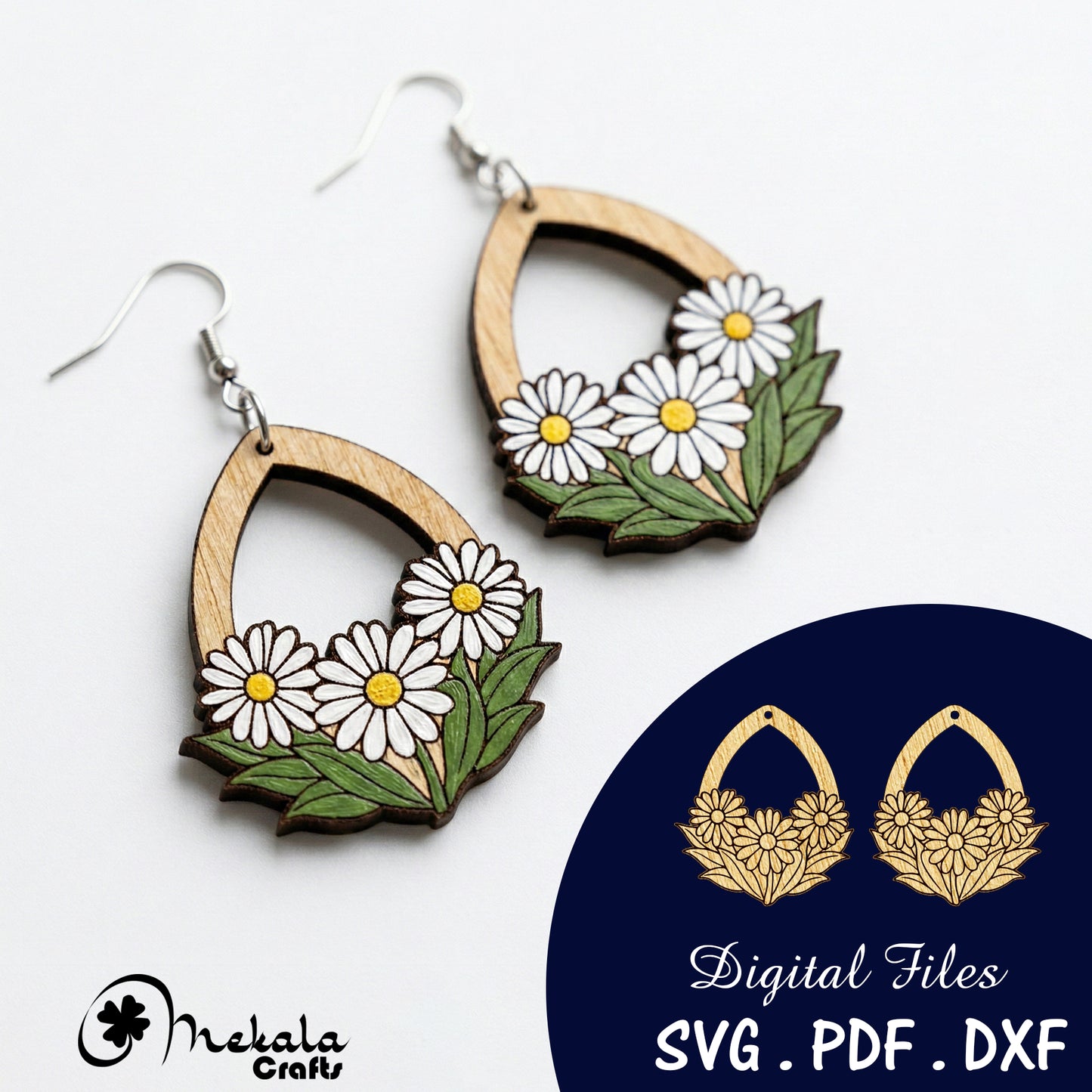 daisy floral wooden laser cut earrings file (SVG, DXF and PDF)