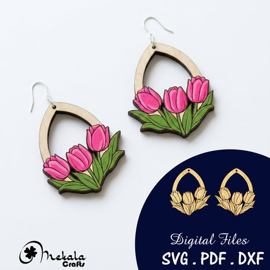 tulip floral wooden earrings laser cut file (SVG,DXF and PDF)