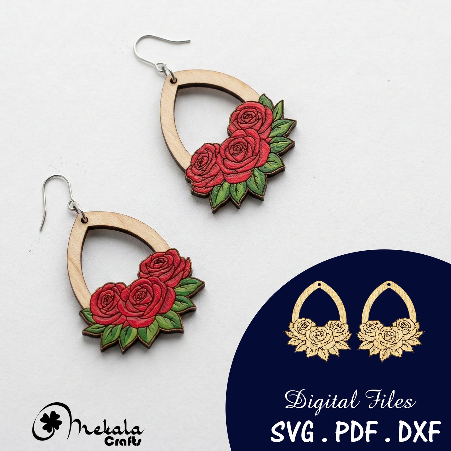 rose floral wooden laser cut earrings file (SVG, DXF and PDF)