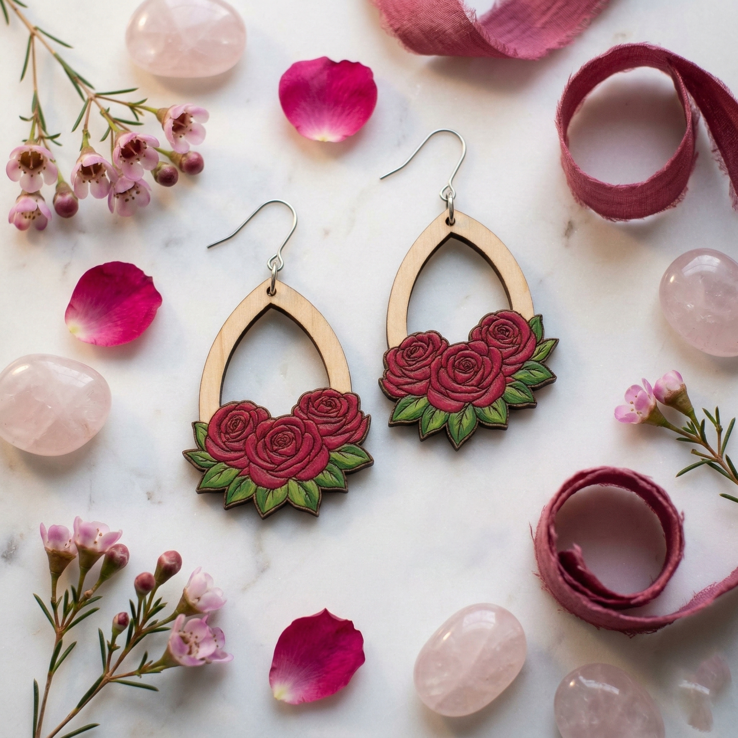 rose floral wooden laser cut earrings file (SVG, DXF and PDF)