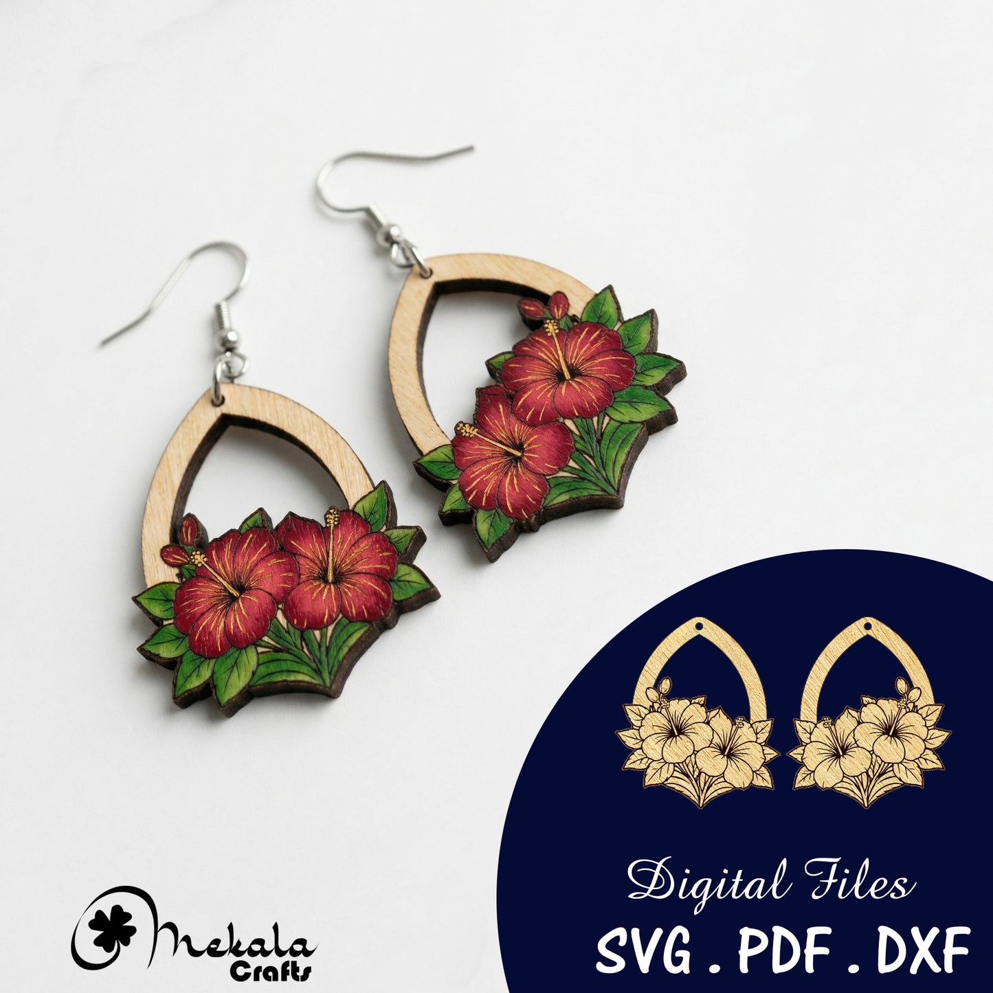 hibiscus flower wooden earrings laser cut file (SVG,DXF and PDF)