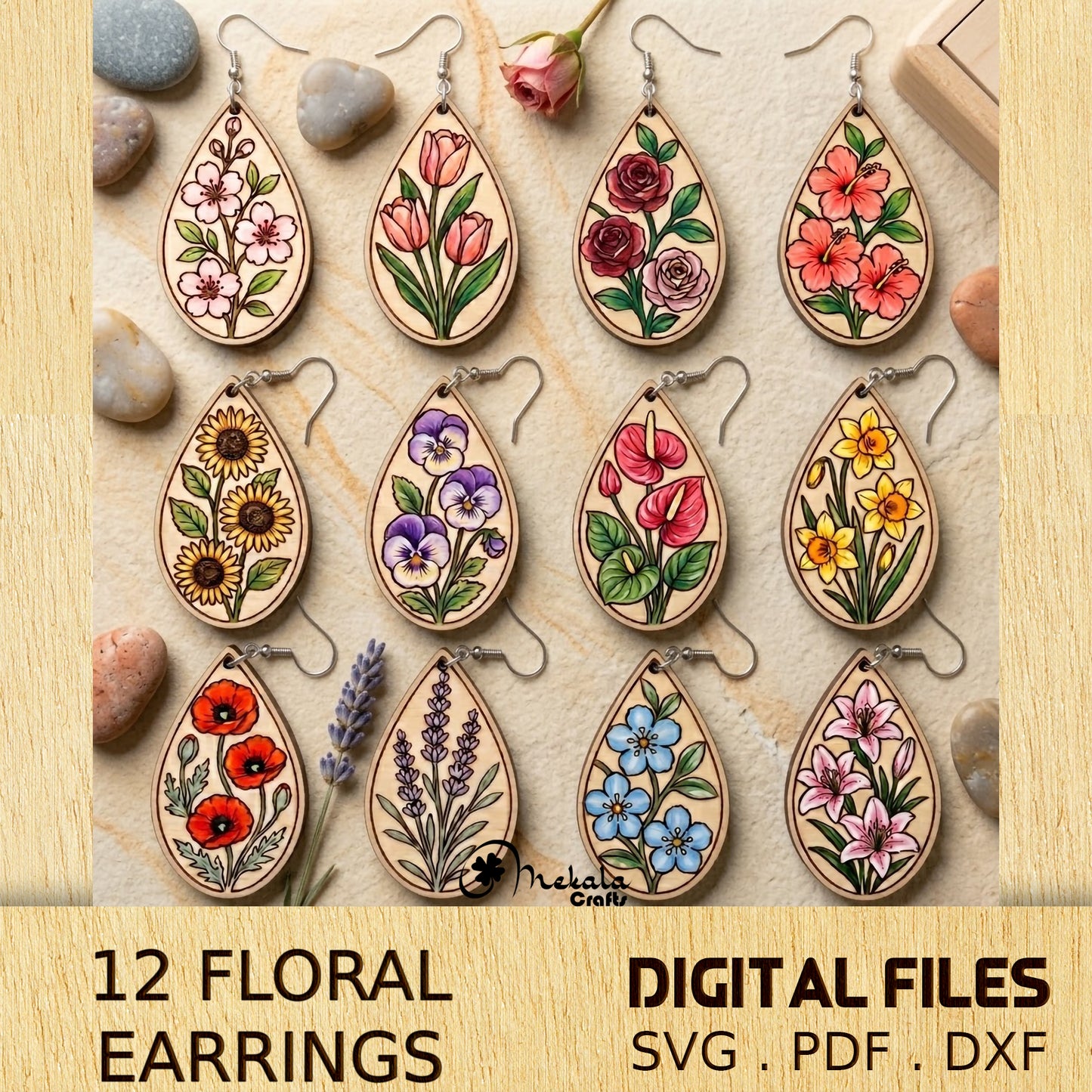 floral earring svg bundle laser cut earring file for wood, leather and acrylic