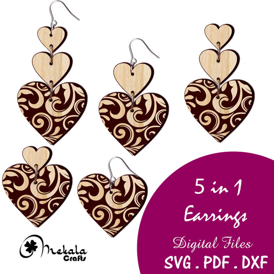 Laser Cut Heart Earring File: Engraved 3-Tier Design (SVG, PDF, DXF)
