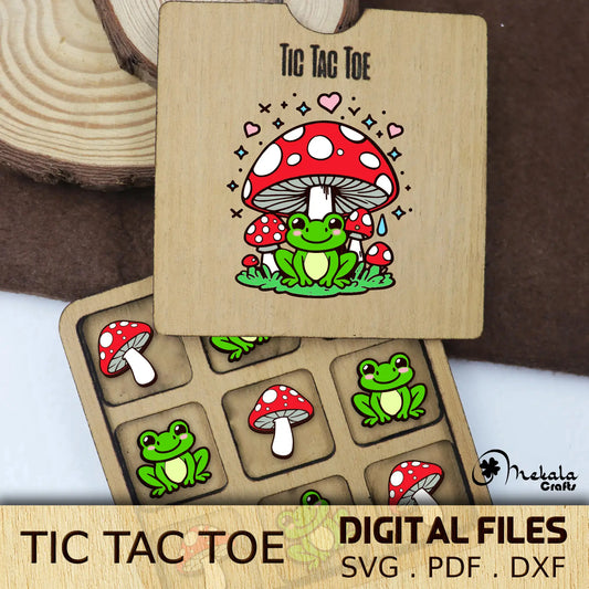 wooden Tic Tac Toe game | Mushroom and Frog | svg pdf dxf laser cut files | digital download | instructions Manual Included