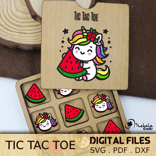unicorn Tic Tac Toe wooden game | unicorn and watermelon | svg pdf dxf laser cut files | digital download | instructions Manual Included