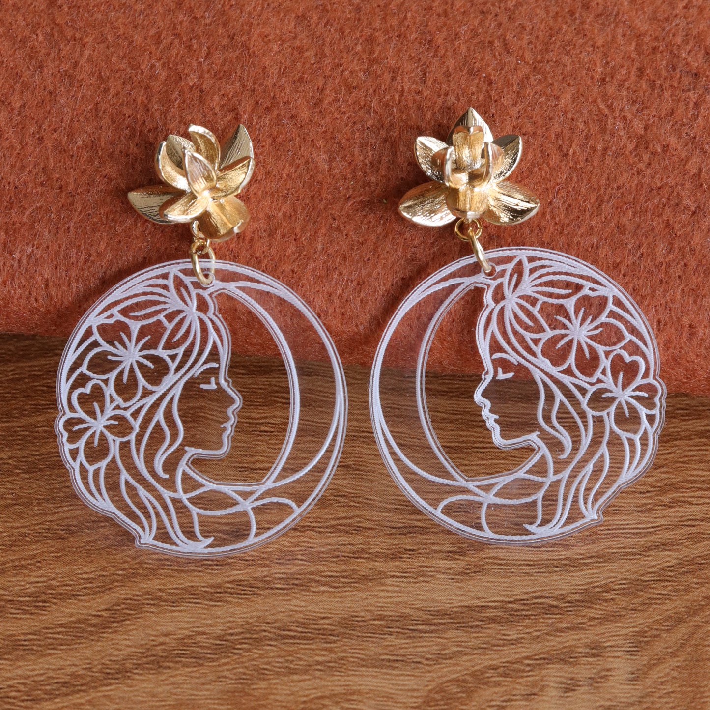 Clear Acrylic Floral Silhouette Earrings | Real 18K Gold Plated Flower Brass Stud Earrings | Art Nouveau Inspired Nickel-Free Dangle Earrings