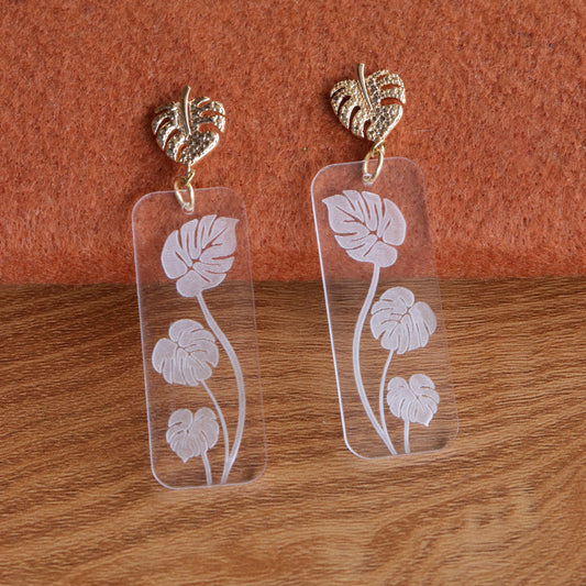 Clear Acrylic Monstera Leaf Earrings | Real 18K Gold Plated Monstera Brass Stud Earrings | Tropical Botanical Nickel-Free Dangle Earrings