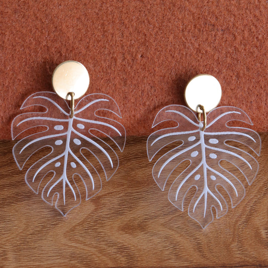 Clear Acrylic Monstera Leaf Earrings | Real 18K Gold Plated Round Brass Stud Earrings | Tropical Botanical Nickel-Free Dangle Earrings