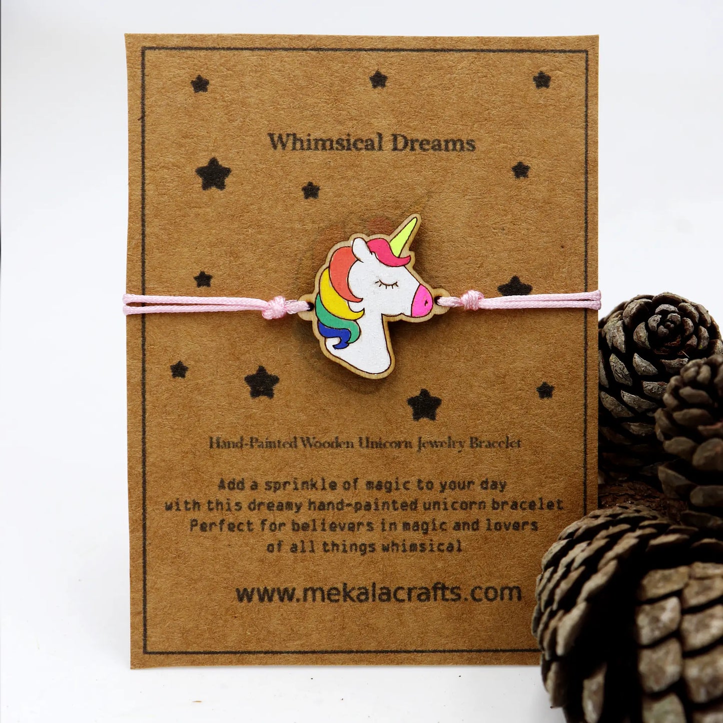 Hand-Painted Wooden Unicorn Bracelet with Braided Pink Rope | Braclet for kids and toddlers