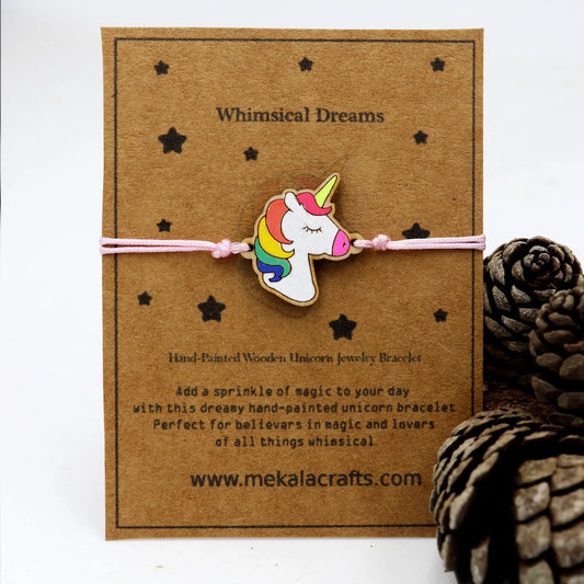 Hand-Painted Wooden Unicorn Bracelet with Braided Pink Rope | Braclet for kids and toddlers