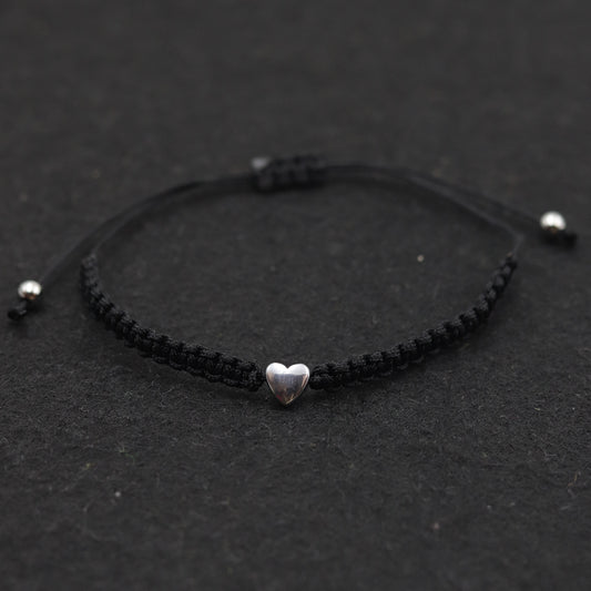 Unisex Braided Black Cord Bracelet with Silver Heart Bead – Adjustable Friendship Jewelry