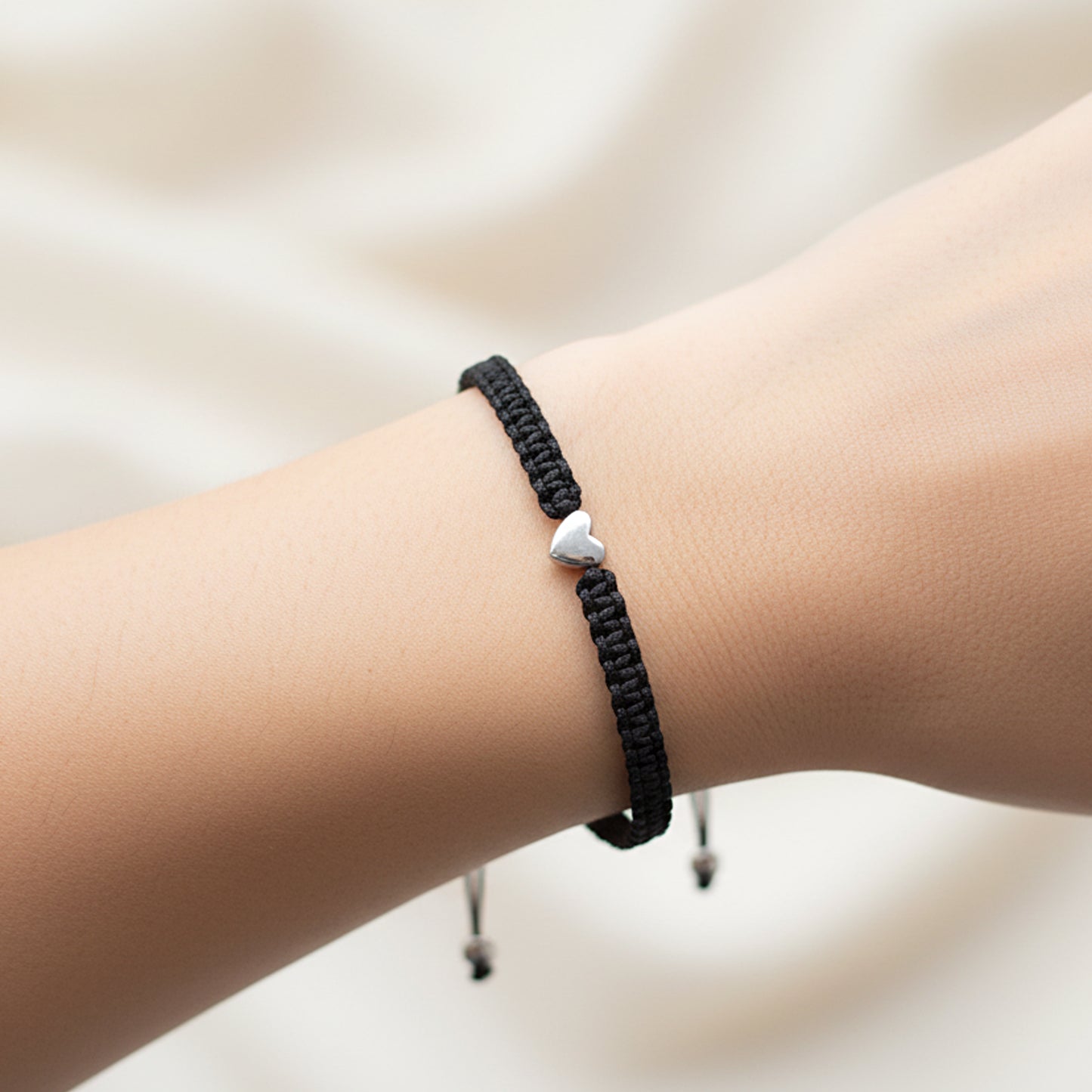 Unisex Braided Black Cord Bracelet with Silver Heart Bead – Adjustable Friendship Jewelry
